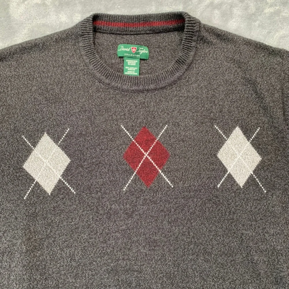 Retro Argyle Knit Sweater Gray Red Diamond Pattern Preppy Golfcore Pullover XL